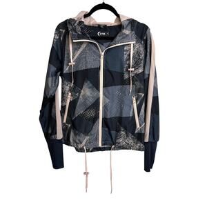 ZYIA Active Bomber Jacket Womens Small Blue Pink Radical Geometric Print Hooded